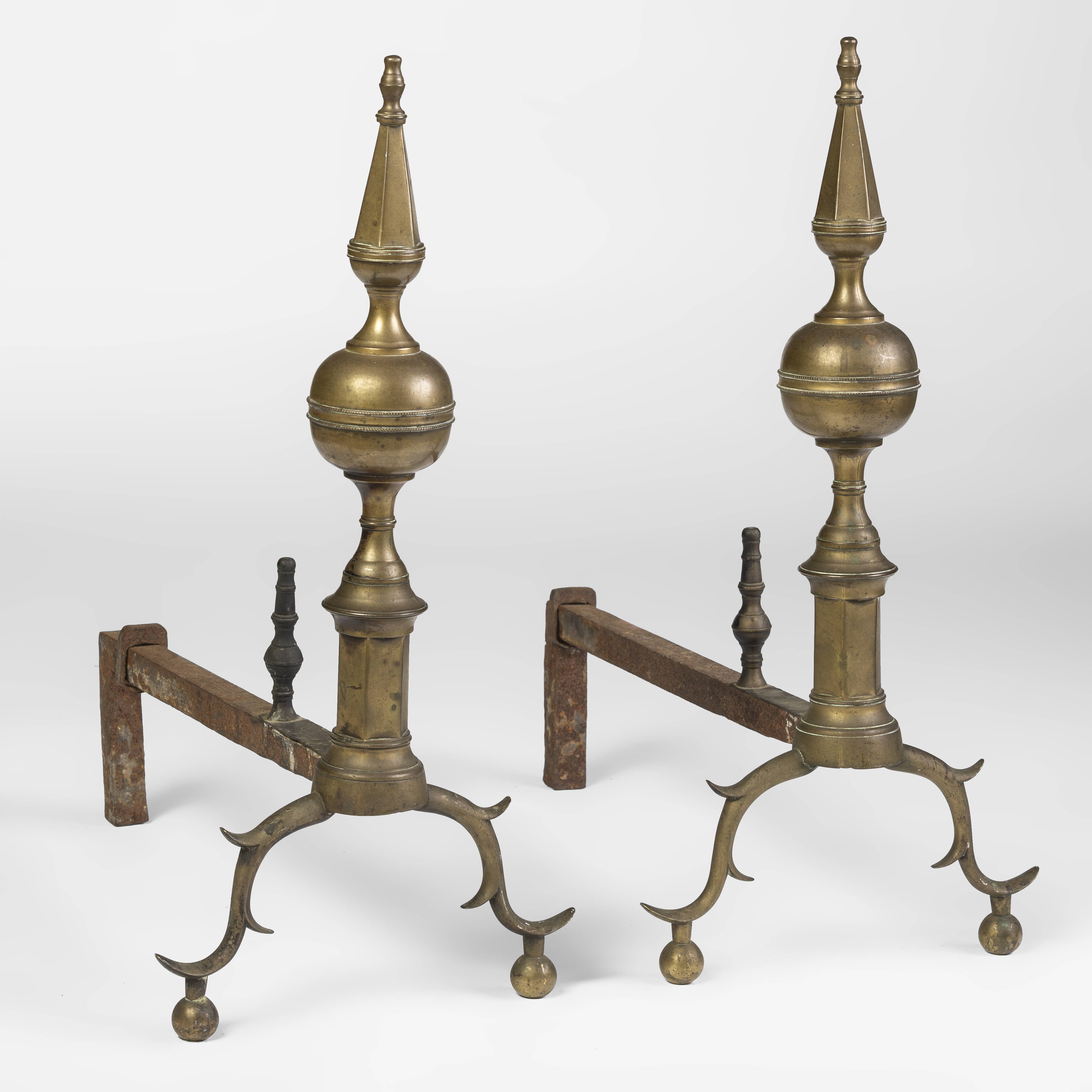 A fine quality pair of 'steeple-top' andirons 